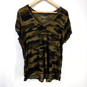 Lucky Brand T-Shirt Womens 1X Green Camo V-Neck Burnout Short Sleeve Tee 1138